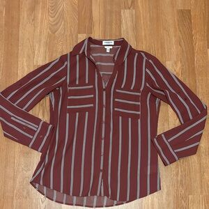 Express Burgundy Striped Button-Down Blouse